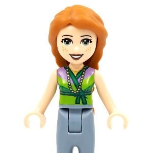 May include: A Lego minifigure of a woman with red hair, wearing a green and purple top with a gold necklace, blue trousers, and brown shoes.