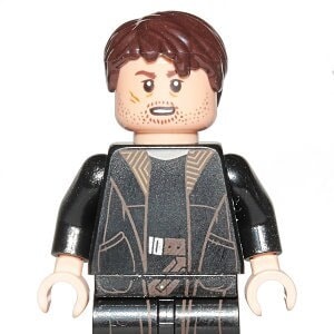 May include: A Lego minifigure of a man with brown hair, a black jacket, and a brown scarf. He has a scar on his face and is wearing a black shirt.