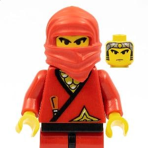 May include: A red Lego minifigure ninja with a matching head covering and a spare head. The ninja has a black belt, gold accents, and a small knife. The figure has yellow hands and a stern expression.