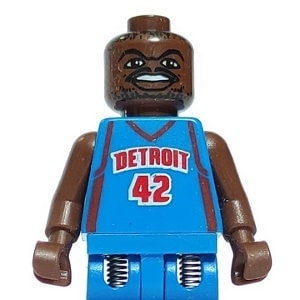 May include: A blue and red Lego minifigure wearing a basketball jersey with the text "DETROIT 42".