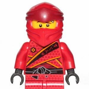 May include: A red Lego minifigure of a ninja character. The figure wears a red head covering and outfit with black and yellow accents. The figure has black hands and a yellow face with black eyes.