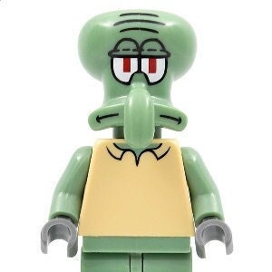 May include: Green Lego minifigure of Squidward Tentacles from Spongebob Squarepants. He has a yellow shirt and red eyes.