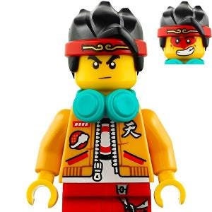 Lego MINIFIGURE Monkey Monkie Kid - Bright Light Orange Open Jacket, Dark Turquoise Headphones, Neutral / Angry with Red Face Paint