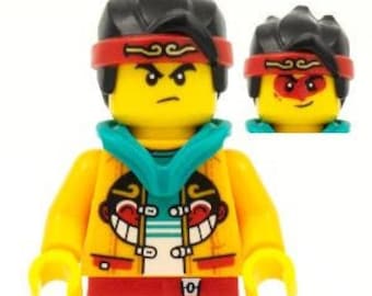 Lego MINIFIGURE Monkie Kid - Bright Light Orange Open Jacket with Monkey Head Logo, Dark Turquoise Hood, Angry / Smile with Red Face Paint