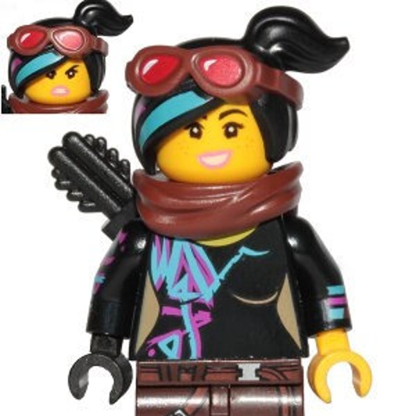 Lego MINIFIGURE Lucy Wyldstyle with Black Quiver, Reddish Brown Scarf and Goggles, Open Mouth Smile / Angry