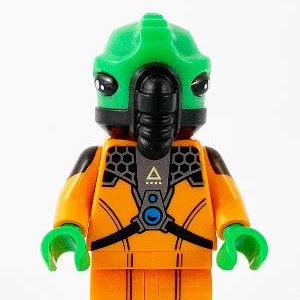 May include: A Lego minifigure featuring a green helmet and hands, a black face mask, and an orange jumpsuit. The jumpsuit has black accents and a gray chest piece with a blue circle. The figure is standing upright against a white background.