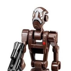 May include: A brown and gray Lego minifigure of a battle droid from Star Wars. The droid is holding a black blaster rifle.