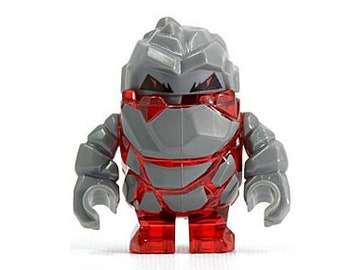 Può includere: Una minifigure Lego grigia e rossa con un esterno roccioso e un corpo rosso traslucido.