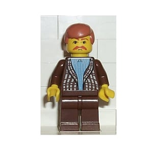 May include: A Lego minifigure with brown hair, a brown jacket with a plaid pattern, a blue shirt, brown pants, and a yellow face with a mustache.