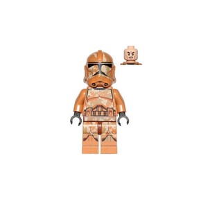May include: A Lego minifigure of a clone trooper wearing orange and brown armour. The figure has a helmet with a visor and a blaster rifle.
