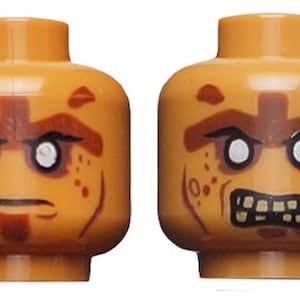Lego Minifigure, Head Dual Sided Alien PotC Zombie Silver Eyes and Brown Face Lines Closed Mouth / Bared Teeth Pattern