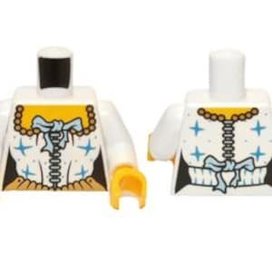 May include: A white plastic toy torso with yellow arms and hands. The front features a printed design of a bodice with a gold beaded neckline, a light blue bow, a black lace-up corset detail, and blue star accents on a white background.
