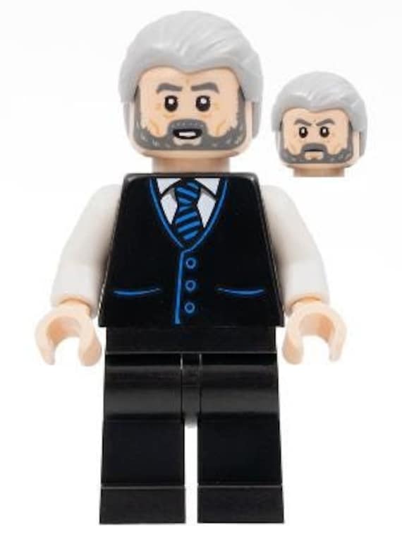 Lego MINIFIGURE Alfred Pennyworth Black Vest, Light Bluish Gray Hair,  Dark Bluish Gray Beard