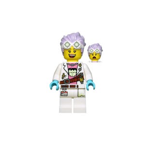 May include: A Lego minifigure of a scientist with purple hair, goggles, and a white lab coat. The minifigure has a pink shirt with a Frankenstein graphic. The figure has blue hands and a brown belt. A second, smaller minifigure head is also visible.