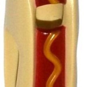 May include: A novelty hot dog pin. The pin features a red hot dog with yellow mustard, a white and green pickle slice, all nestled in a beige bun. The pin is a fun accessory for food lovers.