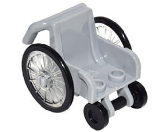 Lego Minifigure, Wheelchair with Trans-Clear Wheelchair Wheels and Black Trolley Wheels /w Random Figure