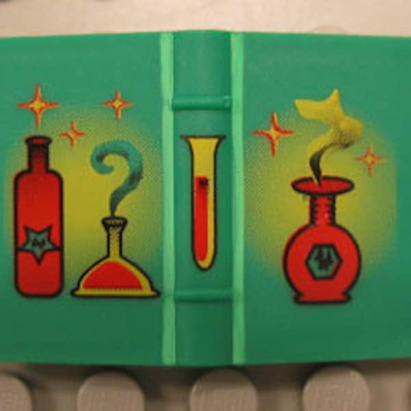 Minifigure, Green Utensil Spell Book 2 x 3 with Red and Yellow Bottles, Flasks and Sparkles Pattern