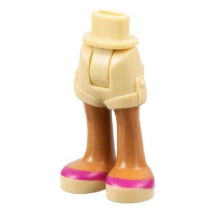 Könnte beinhalten: Ein Unterkörperteil einer Kunststoff-Spielfigur mit beigen Shorts und geformtem Gürteldetail, verbunden mit glatten beigen Beinen, die in beigen Schuhen mit einem markanten horizontalen leuchtend rosa Streifen an der Basis enden.
