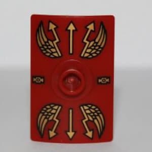 Real Rare Lego Roman Minifigure, Shield Rectangular Curved with Stud with Gold Lightning Wings and Arrows Pattern