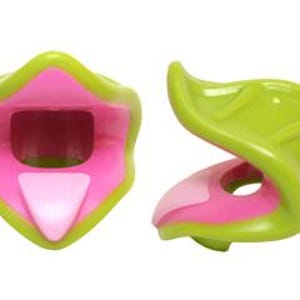 May include: A pair of lime green and pink plastic mouth-shaped toy accessories. The mouth is open and has a pink tongue.