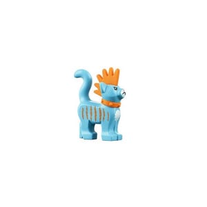 May include: A light blue cat figurine with orange accents. The cat has a curved tail, orange stripes, and a crown-like feature on its head. It also has an orange collar and white markings.