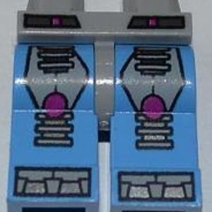 May include: Light blue Lego minifigure legs with gray accents and a magenta circular design. The legs have a detailed design with gray and black elements, and a gray waist piece.