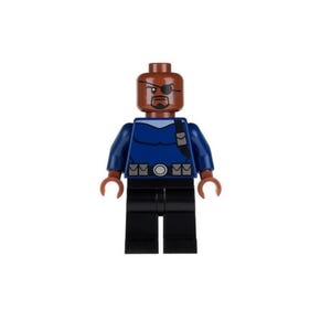 May include: A plastic minifigure with brown skin, a black eye patch, and a goatee. The figure wears a blue long-sleeved shirt with a black shoulder strap and a utility belt featuring grey pouches and a central silver buckle, paired with black pants.