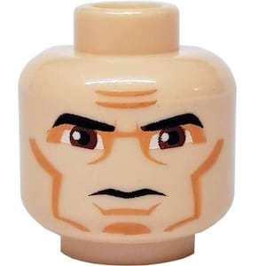 Lego Minifigur, Huvud Svarta Tjocka Ögonbryn, Stora Rödbruna Ögon, Nougatögonskugga, Kindlinjer och Hakgrop, Rynkad Panna, Sträng
