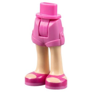 Könnte beinhalten: Ein unteres Körperteil einer Kunststoff-Spielfigur mit pinkfarbenen Shorts, einem geformten Taillenanschluss, hellen hautfarbenen Beinen und pinkfarbenen Sandalen mit offener Zehenpartie. Das Teil ist zum Anstecken an einen Torso gedacht.