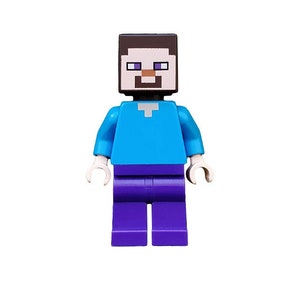Puede incluir: Una minifigura Lego azul y morada de un personaje con una cara pixelada y una barba marrón.