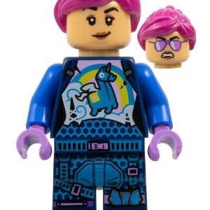 May include: A blue and purple Lego minifigure of a female character with pink hair and a blue llama on her shirt. The character is wearing a blue jacket and blue pants with a purple belt. The minifigure has a purple head with a pink hairpiece and a purple face with a white smile and black eyes.