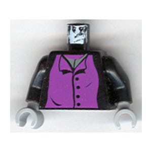 May include: A plastic toy minifigure torso piece featuring a black jacket with a vibrant purple vest underneath. The vest has a gray collar and a vertical row of four small black buttons. The piece includes light gray hands and a neck stud.