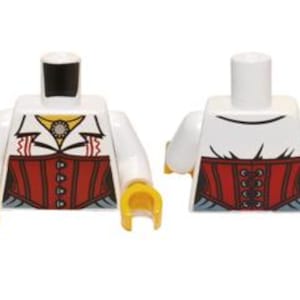 May include: Two white plastic toy figure torsos with yellow hands. The front features a red corset design with black lacing and a yellow collar. The back shows the continuation of the red corset with black lacing details and a black neckline.