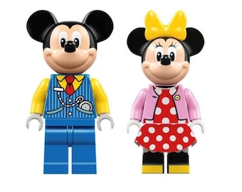 Lego MINIFIGURE Disney Mickey Mouse and Minnie Mouse Blue Vest Bright Pink Jacket, Red Polka Dot Dress, Yellow Bow