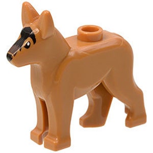 May include: A brown plastic LEGO figure of a dog with black markings on its face. The dog has a brown body, black ears, and a black nose. The dog is standing on a white background.