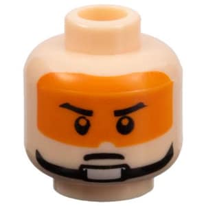 Pode incluir: Cabeça de minifigura Lego bege claro com máscara laranja, sobrancelhas pretas, bigode preto e queixo branco. A cabeça tem uma fixação cilíndrica para o pescoço.