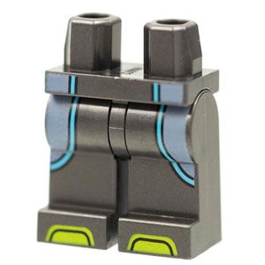 May include: A dark gray plastic toy minifigure leg piece featuring printed details including light blue vertical lines at the waist, light blue curved accents on the upper legs, and bright lime green rectangular shapes on the feet.