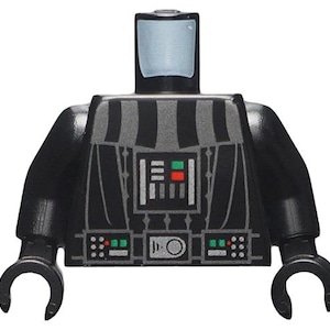 May include: Black Lego figure torso with gray and red details. The figure has a rectangular head and black arms. The torso features a detailed design with a central panel and various smaller panels with red and green accents. The figure is a Star Wars character.