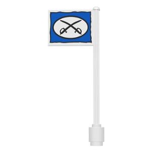 May include: A small white flag with a blue border and a white oval containing two crossed swords. The flag is mounted on a white pole with a white base. The flag is likely a decorative item.