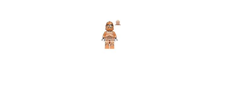 May include: A Lego minifigure of a clone trooper wearing orange and brown armour. The figure has a helmet with a visor and a blaster rifle.