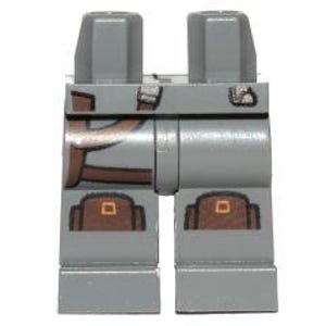 May include: LEGO minifigure legs in medium stone grey with brown accents. The legs feature a brown belt and two brown pouches with gold details. The design is printed on the front of the legs.