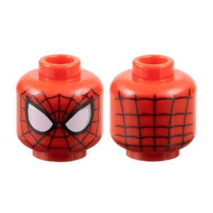 May include: Two orange plastic toy minifigure heads. The left head features a black spiderweb pattern and large white eyes with black outlines. The right head displays a black grid pattern covering the surface, representing the back of the mask.
