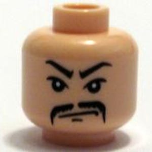 May include: A light nougat colored plastic toy minifigure head featuring a printed facial expression with black eyebrows, white and black eyes, and a black mustache above a straight mouth. The head has a cylindrical stud on top for connection.
