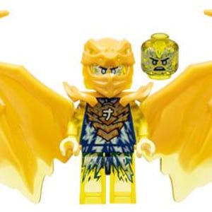 Może przedstawiać: Żółta figurka LEGO z głową smoka i skrzydłami. Figurka ma na sobie niebiesko-żółtą zbroję z wzorem błyskawicy. Figurka ma żółtą głowę z czarną twarzą i czarnymi ustami. Figurka trzyma w prawej ręce żółty miecz.
