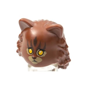 Lego Minifigure, Headgear Head Cover, Cat with Mid-Length Hair in Back with Yellow Eyes, Tan Muzzle and Eye Patches, Dark Brown Stripes
