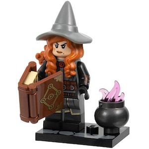 May include: A Lego witch minifigure with a gray pointed hat, holding a brown book with gold pages and a silver knife. A black cauldron with purple flames sits beside her. The witch has red hair and is on a black base.