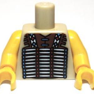 May include: A tan Lego minifigure torso with yellow arms and hands. The torso features a detailed design of a brown and white tribal vest with blue and red accents. The head is a light tan cylinder.