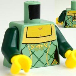 May include: A plastic toy torso piece featuring a light green bodice with a yellow neckline and a dark green diamond pattern. The torso has dark green arms and bright yellow hands. A small black rectangle is printed on the neck area.