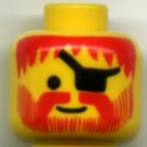 LEGO  Minifigure, Head Standard Grin with Red Messy Hair, Moustache, and Vertical Lines Beard, Black Eye Patch Pattern
