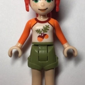 Lego MINIFIGURE Friends Mia, Olive Green Shorts, White Top with Orange Sleeves and Acorns